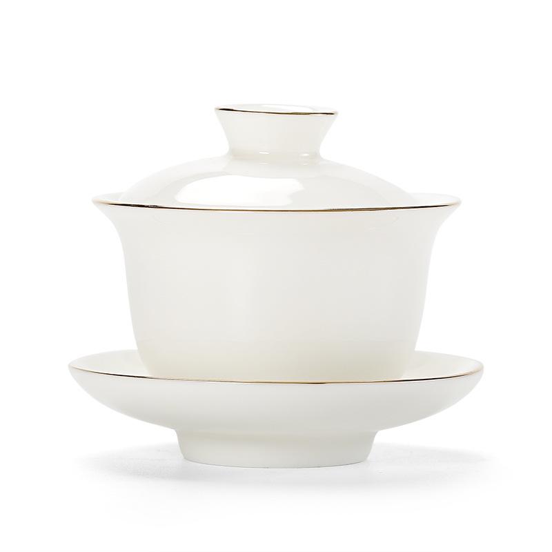 Suet jade white porcelain drawing Phnom Penh Sancai cover bowl teacup Kung Fu tea set tea bowl pure white large warm brewing tea bowl