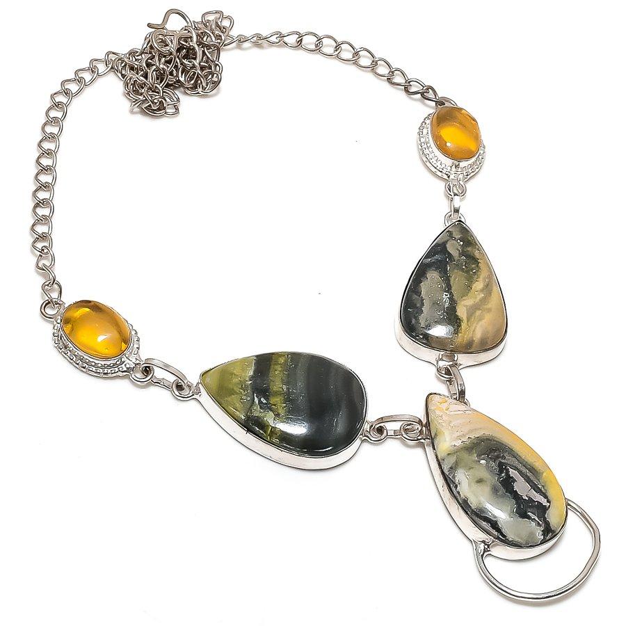 Natural Bumble Bee Jasper, Citrine 925 Sterling Silver Jewelry Necklace 18" H6u47