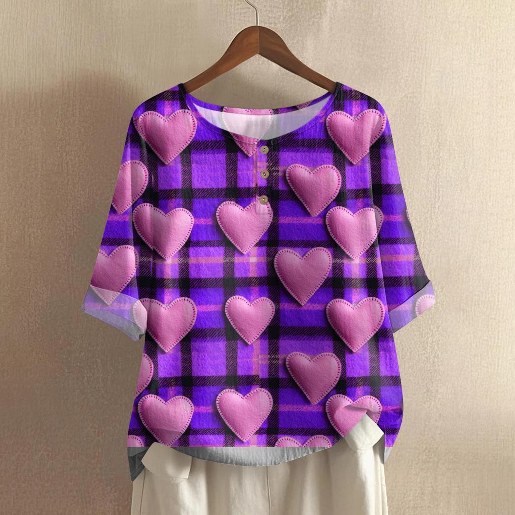 Damska casualowa i wygodna bawełniano-lniana bluzka z okrągłym dekoltem, średniej długości, z modnym nadrukiem