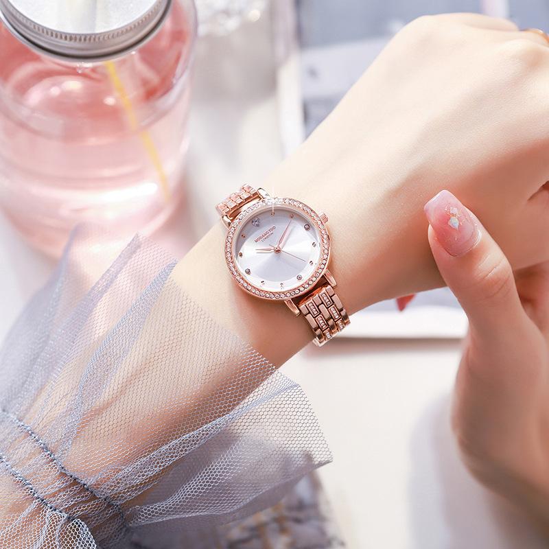 Damenuhr mit diamantbesetztem Stahlband, modisch, luxuriös, schlicht, mit Farbverlauf, doppellagiges Perlmutt-Zifferblatt, wasserdichte Quarzuhr