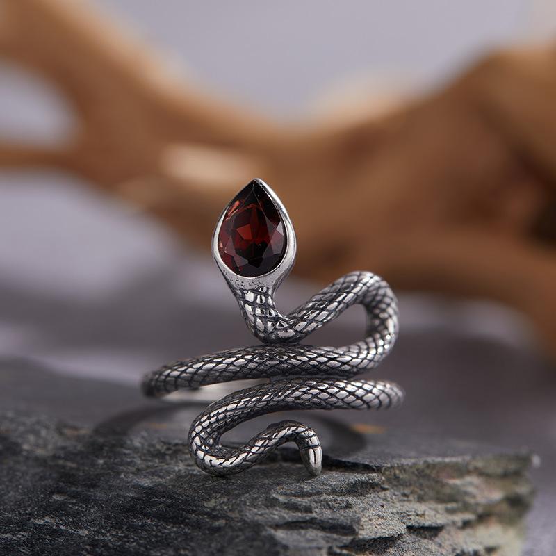 S925 Sterling Silver Inlaid With Natural Garnet, Opal Color Botai Silver Ring, Female Snake Hipster Personality Exaggerated Open Ring