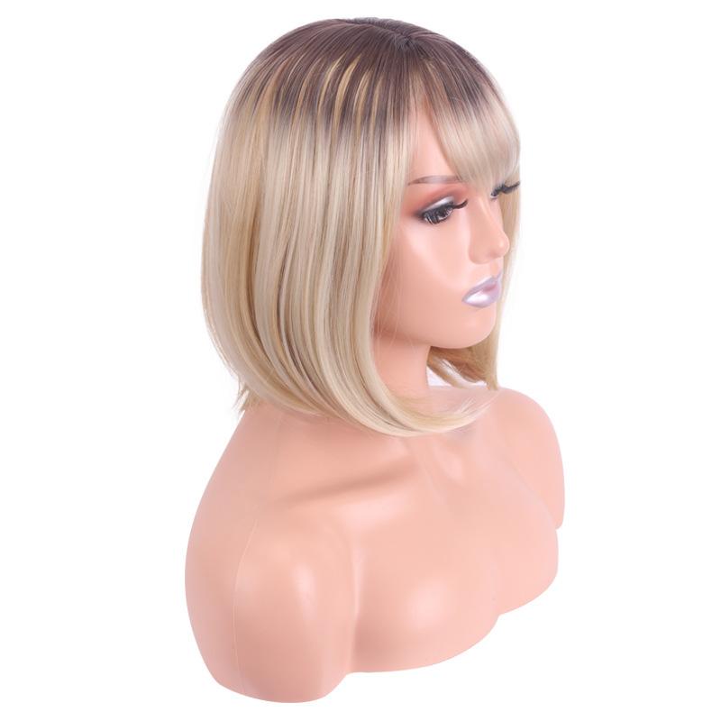Ladies Short Bob Synthetic Wigs for Women Ombre Brown Blonde Wig With Bangs Natural Looking Cosplay Party Daily Heat Resistant Fiber Wigs