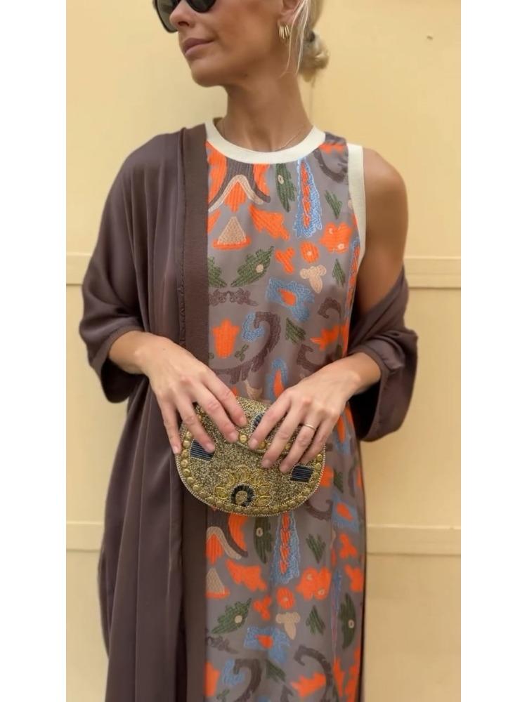 Women's Bohemian Floral Print Sleeveless Dress with Matching Long Red Cape