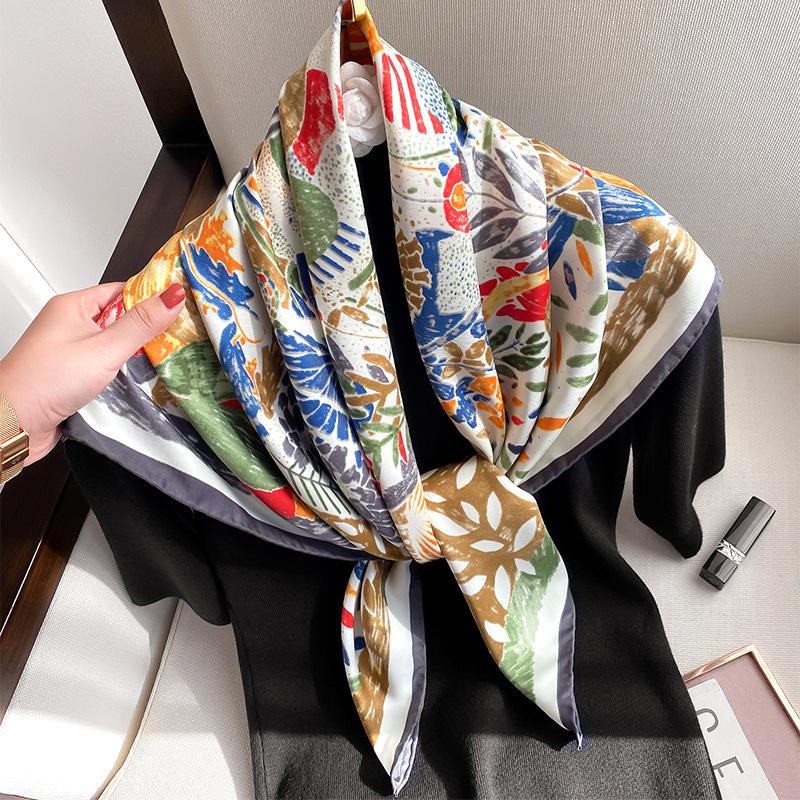 Women  Designer Scarf Fashion Oil Painting Aztec Silk Scarves Square Small Handkerchief Neck Snood Bag Hijab 90*90Cm