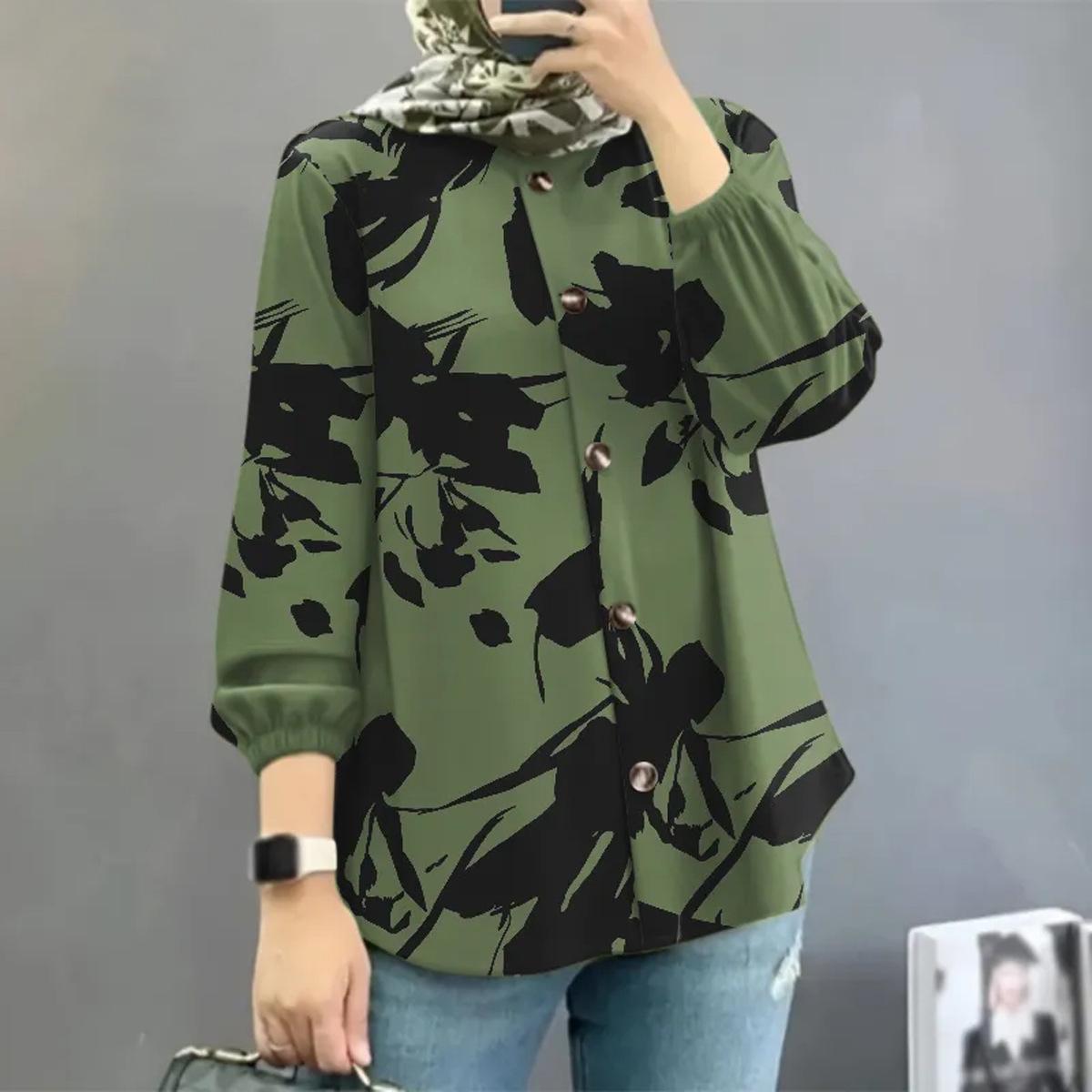 

Женский мусульманский топ с цветочным принтом и рукавами-буфами, 2023 4XL зелёный