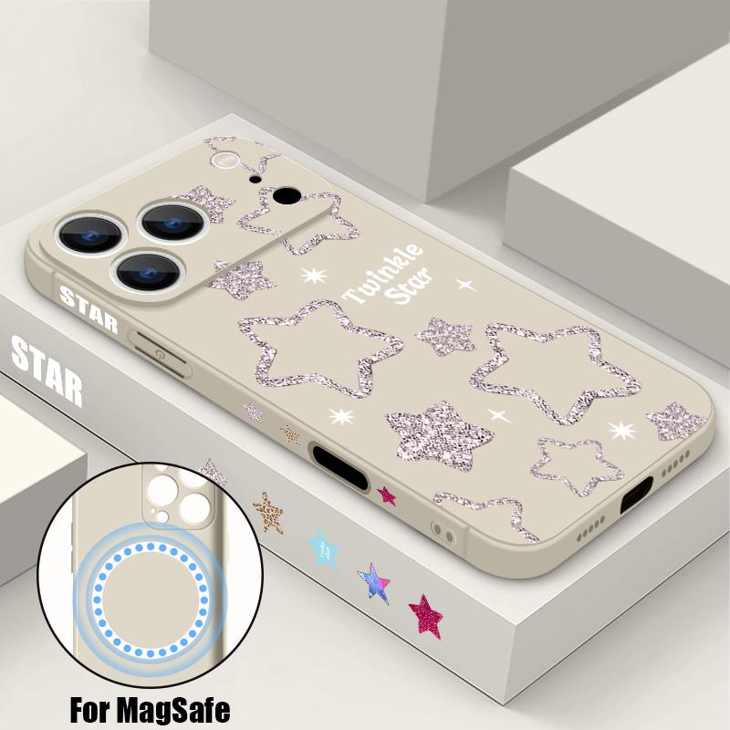 Magnetic For Magsafe Case For iPhone 17 Pro Max Silver Stars Print Soft Silicone Phone Back Cover For iPhone 16 15 14 13 Pro Max 16e 17e