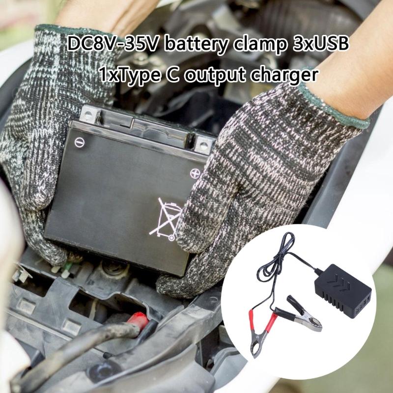 DC8V-35V Battery Clamp to 5V 3xUSB+1xType C Output Charger Adapter 4-Port Fast Charging for Phones Tablets Black