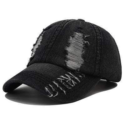 New Solid Color Ripped Baseball Cap Washed Denim Snapabck Hat Hip Hop Breathable Streetwear Distressed Hats For Women Men
