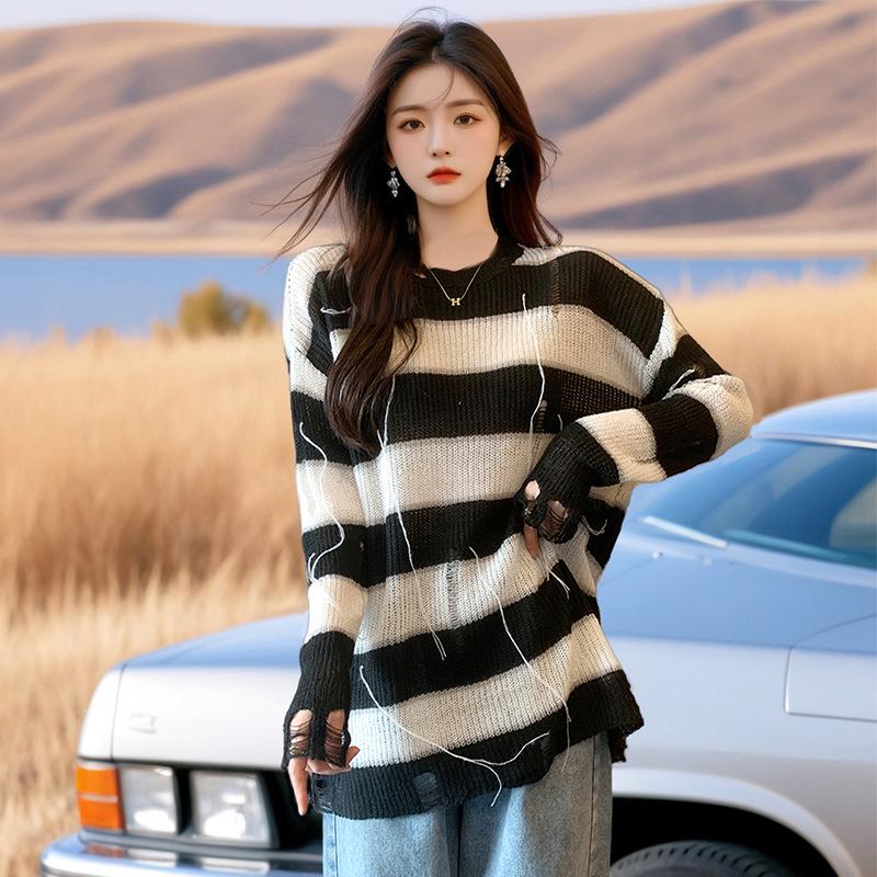 Autumn 2025 Korean Striped Ripped Loose Knit Sweater