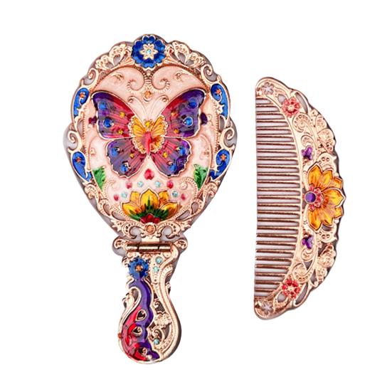 Vintage Folding Hand Mirror with Carved Comb Portable Travel Long Handle Metal Makeup Mirror Women Decorative Handheld Desk Vanity Mirror