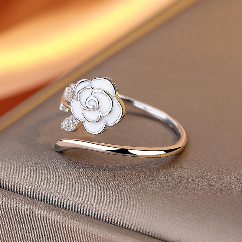 French Sweet Dripping Camellia Open Ring Women'S Niche Design High-End Rose Plain Ring Index Finger Ring
