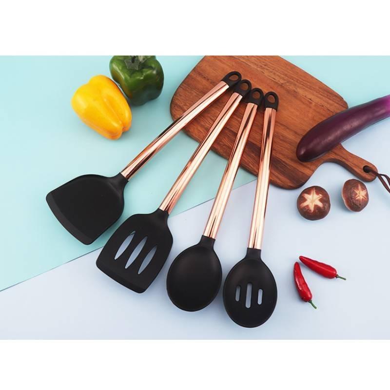 Mångsidigt Svart Silikon och Rostfritt Stål Köksredskapsset Tolvdelat Non-stick Matlagningsnödvändigheter