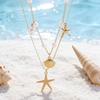 Double Layer Shell Pendant Necklace Lightweight Hypoallergenic Women Faux Pearl Starfish Charm Layered Chain Necklace Ocean Beach Neck Jewelry