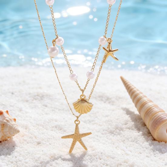 Double Layer Shell Pendant Necklace Lightweight Hypoallergenic Women Faux Pearl Starfish Charm Layered Chain Necklace Ocean Beach Neck Jewelry