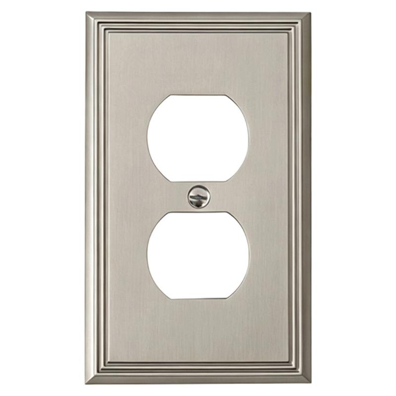 Electroplated Wall Outlet Cover Plate with Stepped Decorative Border for Indoor Wall Detail and a Unified Metal Finish