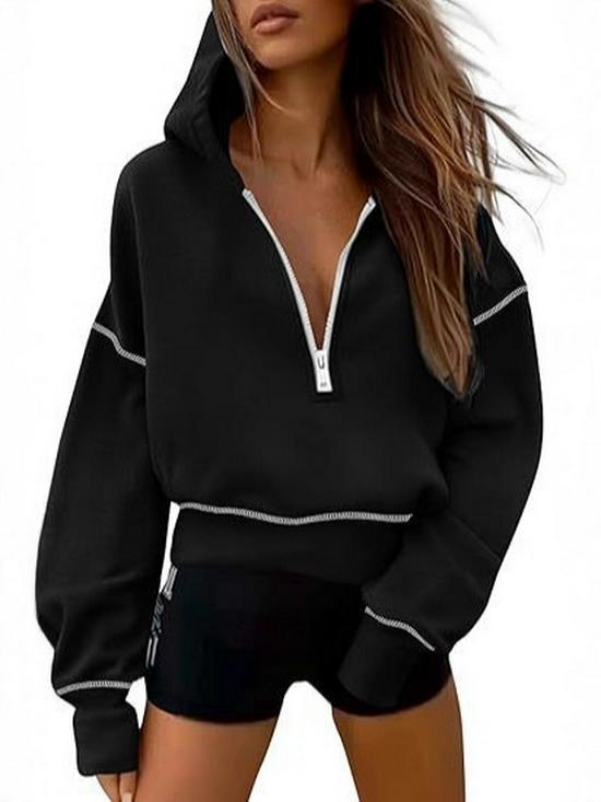 Women's Hooded Long Sleeve Half Zip Cropped Sweatshirt - Casual Autumn Winter Fashion 2026