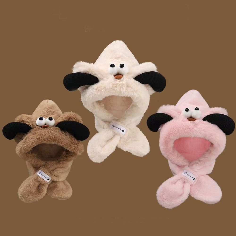 Dog Ears Cute Hooded Scarf Creative Plush Integrated Hat Hat Scarf Set Winter