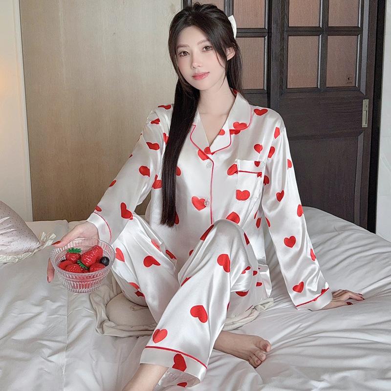 French Style Pajama Set Women Silky-Touch Polyester Long Sleeve Pants Set Youthful Polka Dot Lightweight Lounge Wear Seasonal Comfort Sleepwear