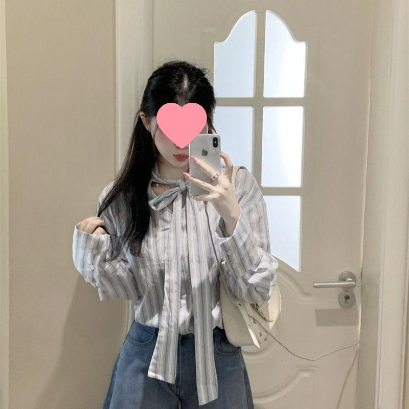 Women s Striped Bow Long-Sleeve Shirt – Stylish, Versatile, Loose Fit, Slimming, Perfect for Autumn. Small
