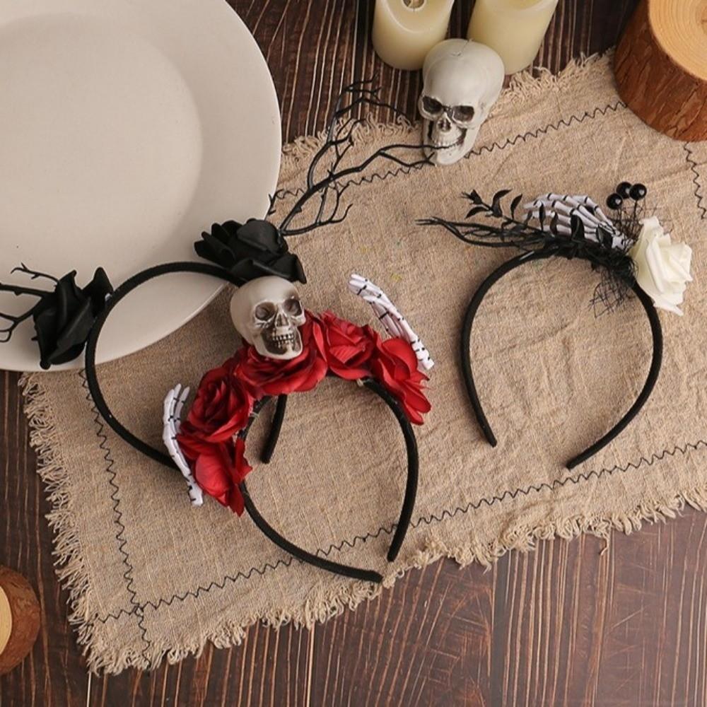 Rose Flower Branch Hair Hoop Skull Halloween Flower Crown Headwear Halloween Headband  Ladies