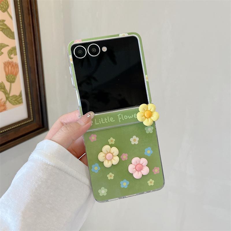 Милый 3D Цветок Зеленый Чехол для Телефона с Бусинами и Шнурком Для Samsung Galaxy Z Flip 7 6 5 4 3 Складной Защитный Чехол Для Девочек For ZFlip7