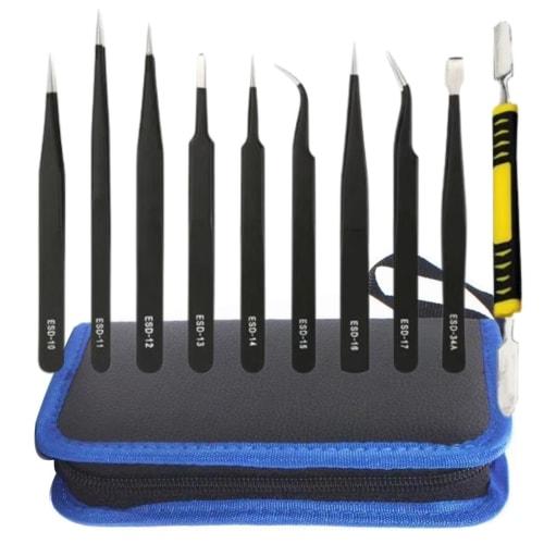 XSAJU 11-Piece Precision Tweezers Set with Storage Case, Stainless Steel ESD Tweezers, Anti-Static, for Precision Instruments