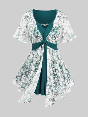 Top Rosegal Plus Size s krajkou, ražbou, žebrováním, texturovaným patchworkem a květinovým vzorem