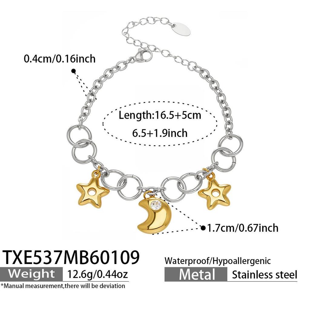 Exquisite Fairy Star & Moon Pendant Necklace Bracelet, Two-Color Electroplated Stainless Steel Clavicle Chain
