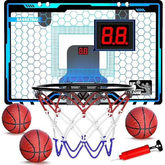 HopeRock Indoor Mini Basketball Hoop for Kids, Basketball Hoops Over The Door with LED Lighting, Mini Hoop with Scoreboard & 3 Balls, Basketball Toys LED Basketball Hoop & Sco