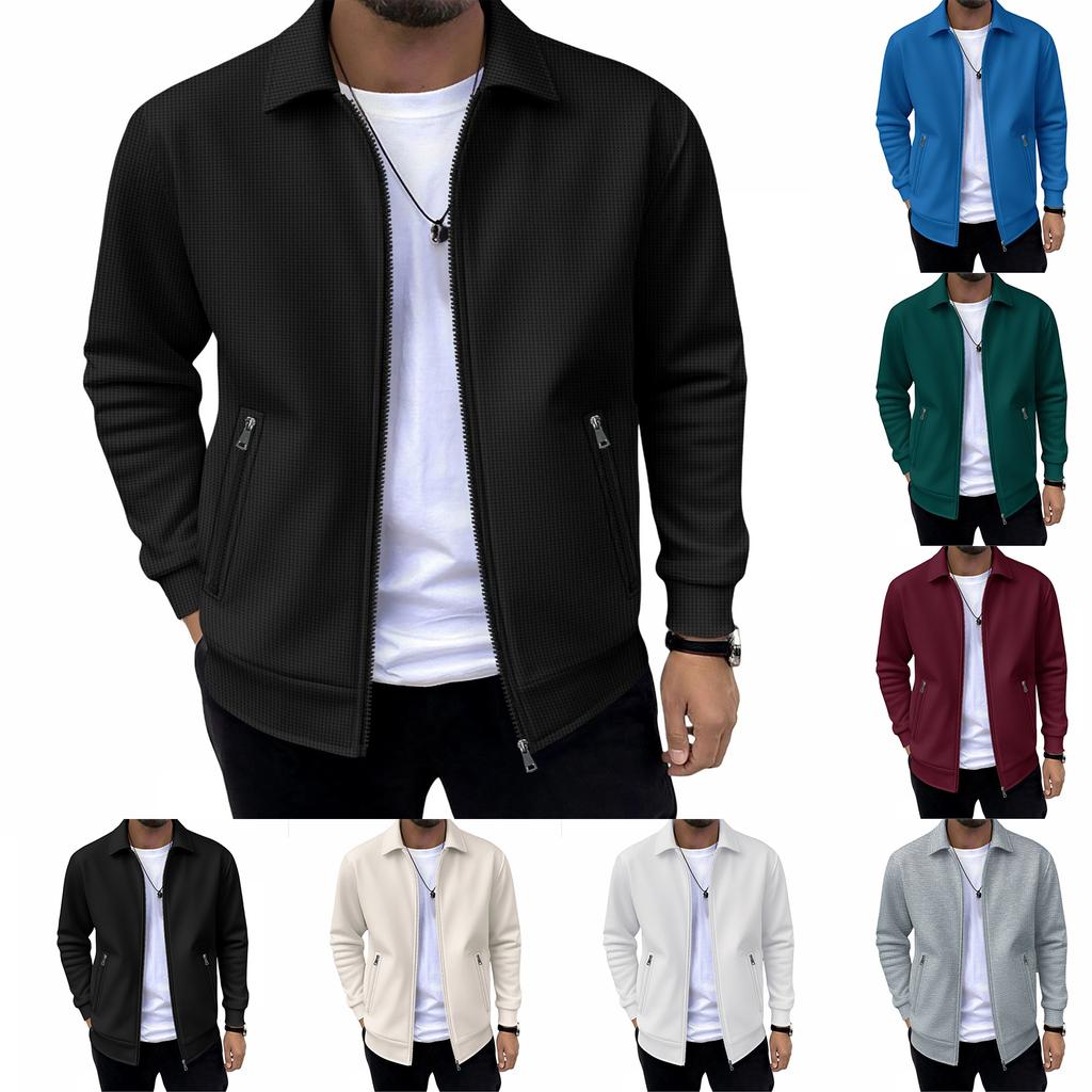 Men's Casual Oversized Solid-Color Pocket Zipper Long-Sleeve Jacket