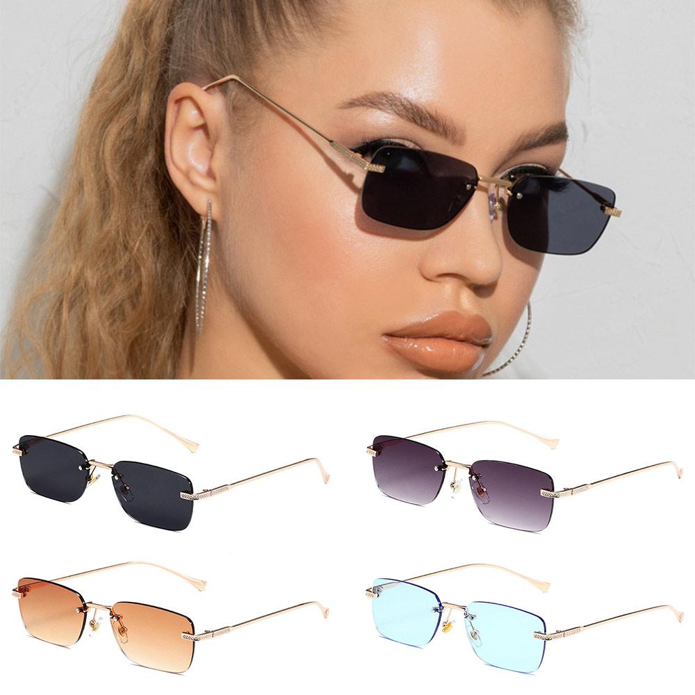 Rimless Punk Sun Glasses Small Rectangle Street Shoot Eyewear Ladies Metal Shades  for Women