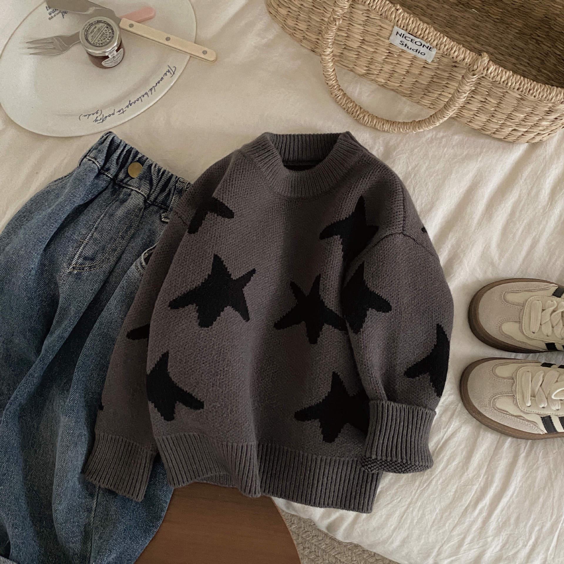 

New Boys Star Dot Jacquard Sweater - Thickened Stylish Pullover for Autumn and Winter 100 cm темно-сірий
