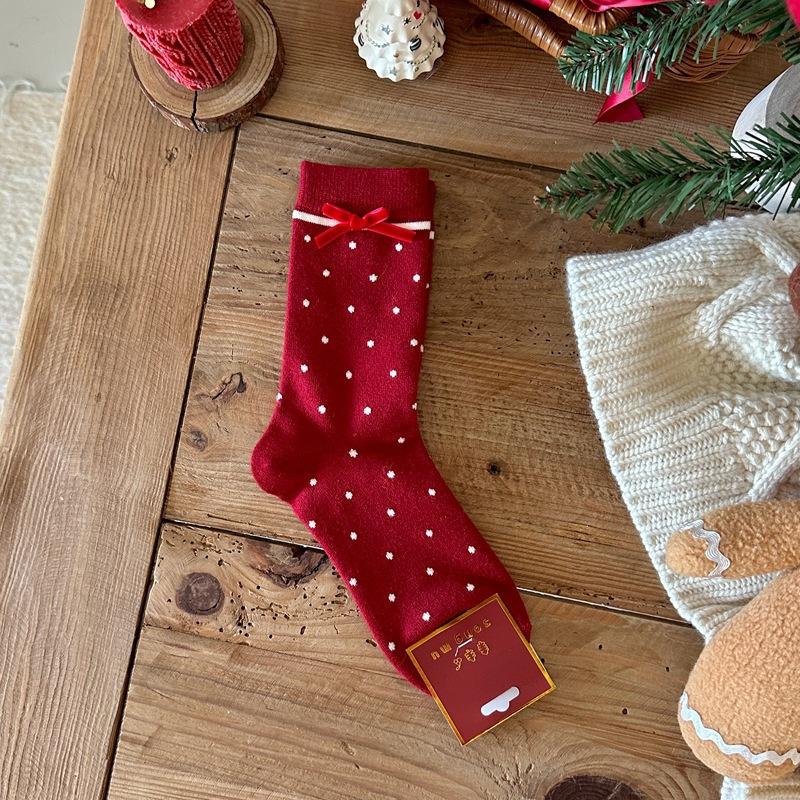 Velvet Bow New Year'S Socks, Exquisite Rabbit Plush Mixed Warm Big Red Socks