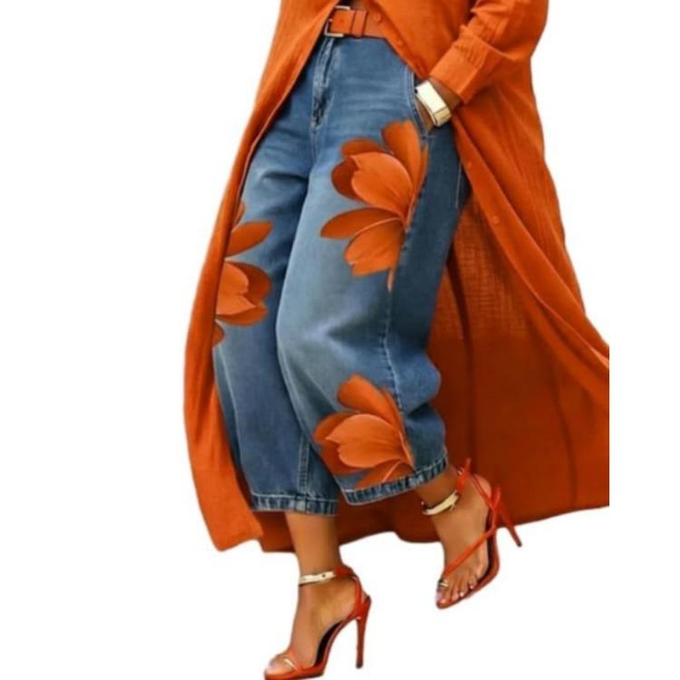 Women's Jeans - High Waist Wide Leg Denim Pants Women Floral Print Casual Loose Fit Comfortable Bottoms Suitable for Every Occasion