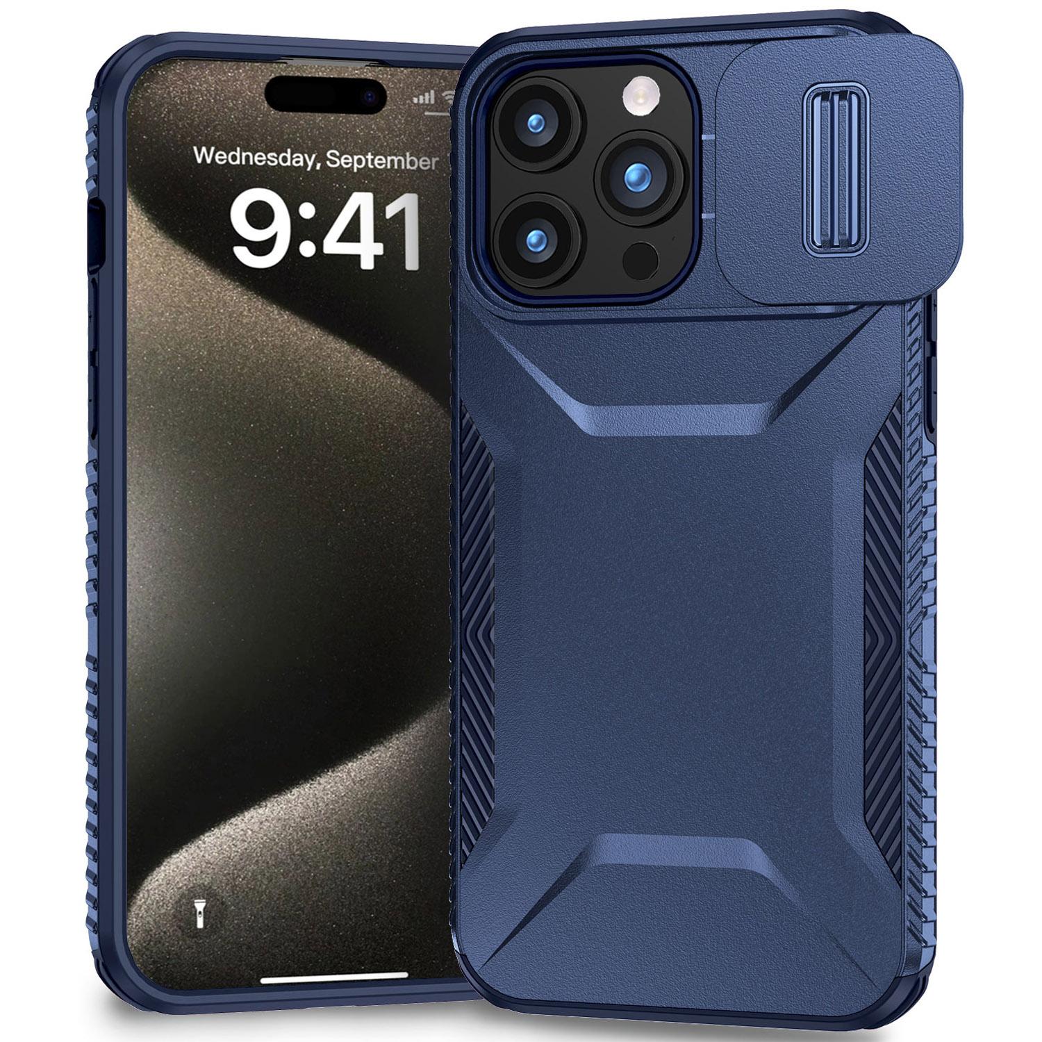 

Противоударный чехол для iPhone 15 Pro Max из ПК+ТПУ с выдвижной крышкой для камеры Blue