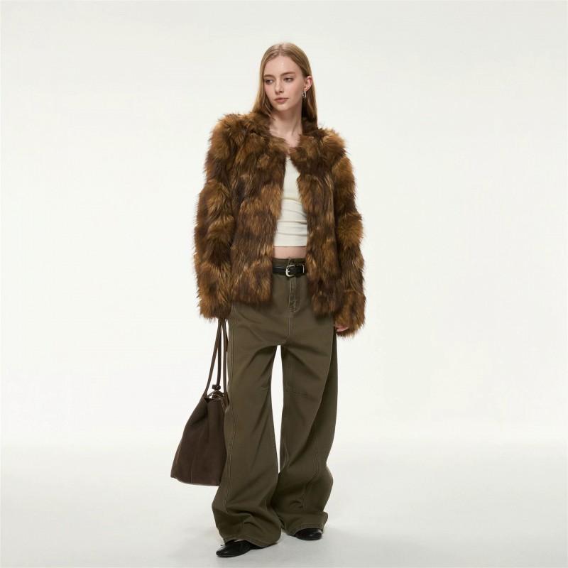 Reed Dream Vintage Fox Fur Coat Womens Winter Loose Fit Round Neck Faux Jacket