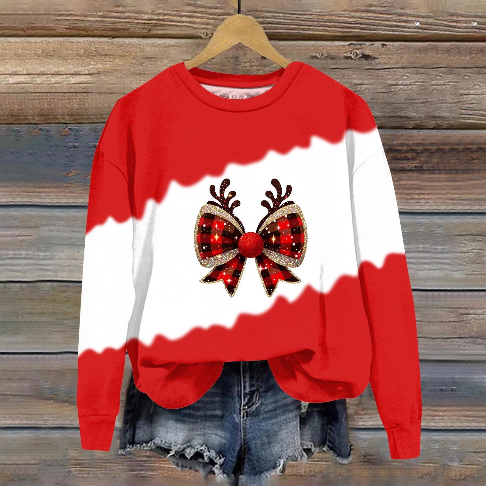 

Женская мода рождественский принт длинный рукав свободный круглый вырез толстовка топ осень S красный