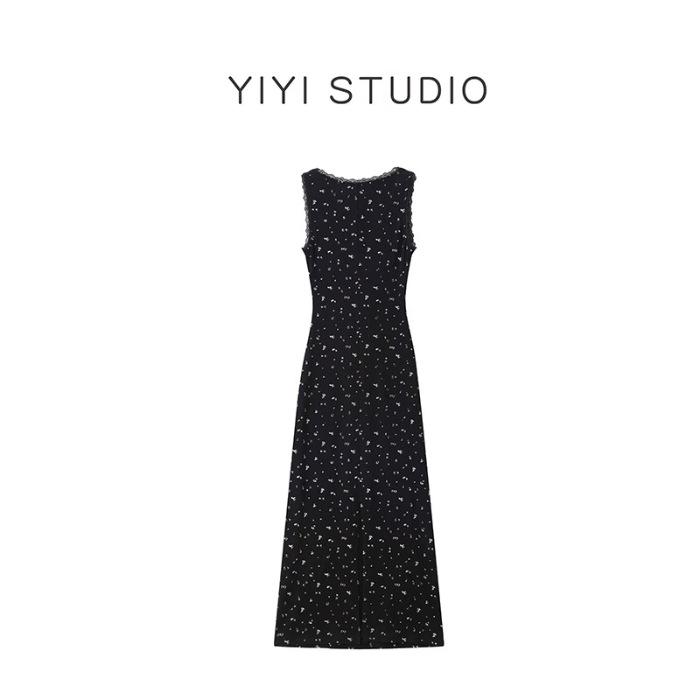 Small spring and summer temperament suspender dress women s black floral waist dress S