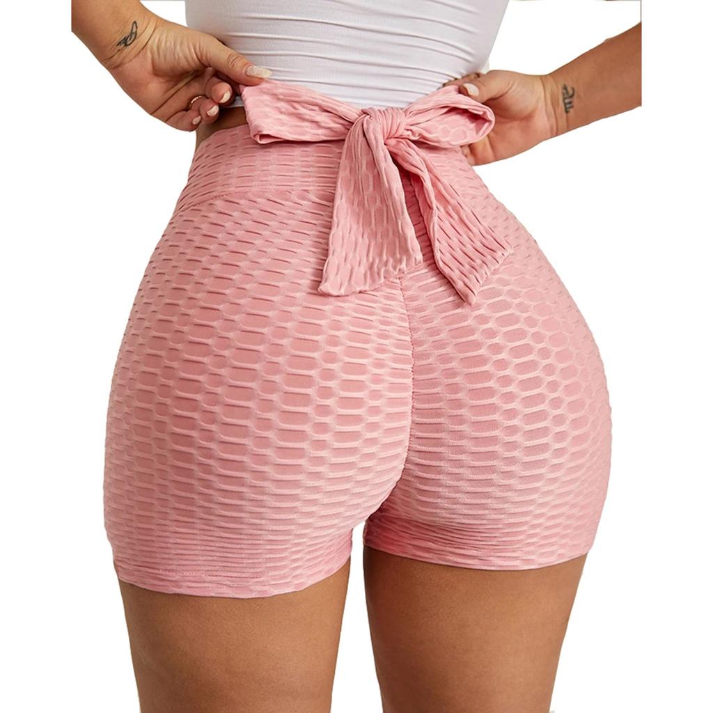 Summer Women's Athletic Shorts Solid Color Gym Running Workout High-Waisted Bowknot Stretchy Leggings Yoga Shorts Plus Size S-2XL