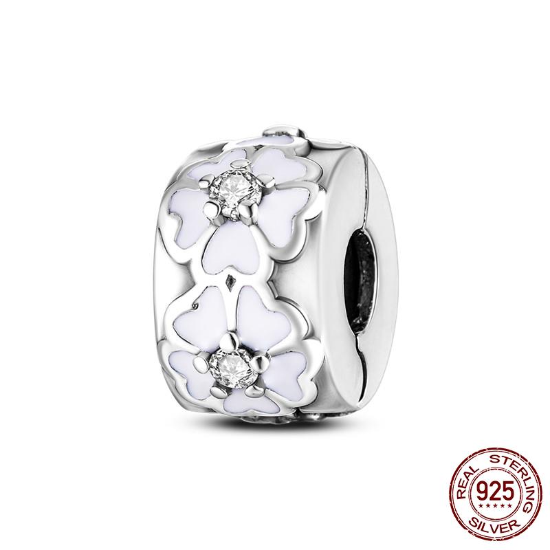 925 Silver Clasp CZ Pave Daisy Beads Stopper Clip Fit Original Bracelet Jewelry 1