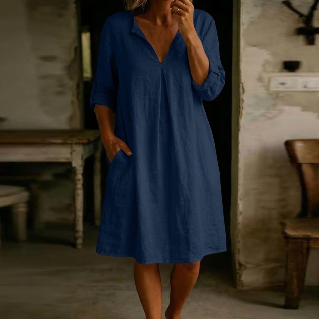 Women Casual Loose Fit V Neck Cotton Linen Dress with Three Quarter Sleeves and Side Pockets for Daily Wear Comfortable Style