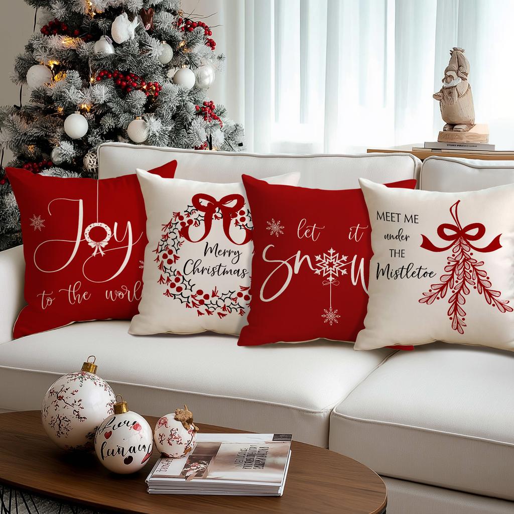 1/4Pcs Red Christmas Pillowcase, Bow Christmas Wreath, Christmas Plant Design Cushion Cover, Farmhouse Christmas Decoration