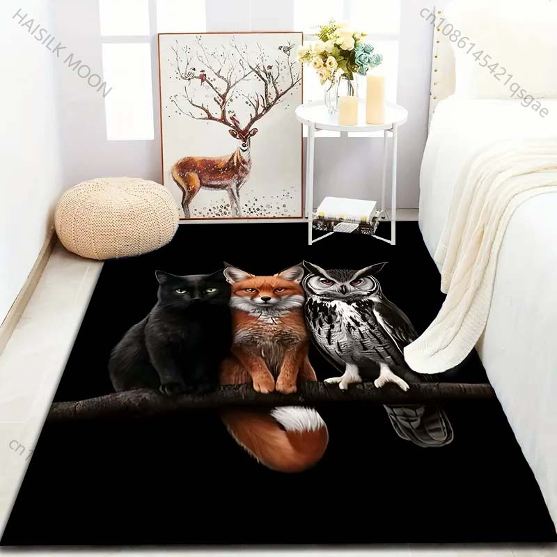 Black Cat Fox Owl Print Carpet for Bedroom Living Room Bedside Sofa Floor Mat Modern Home Decor Area Rug Large Size