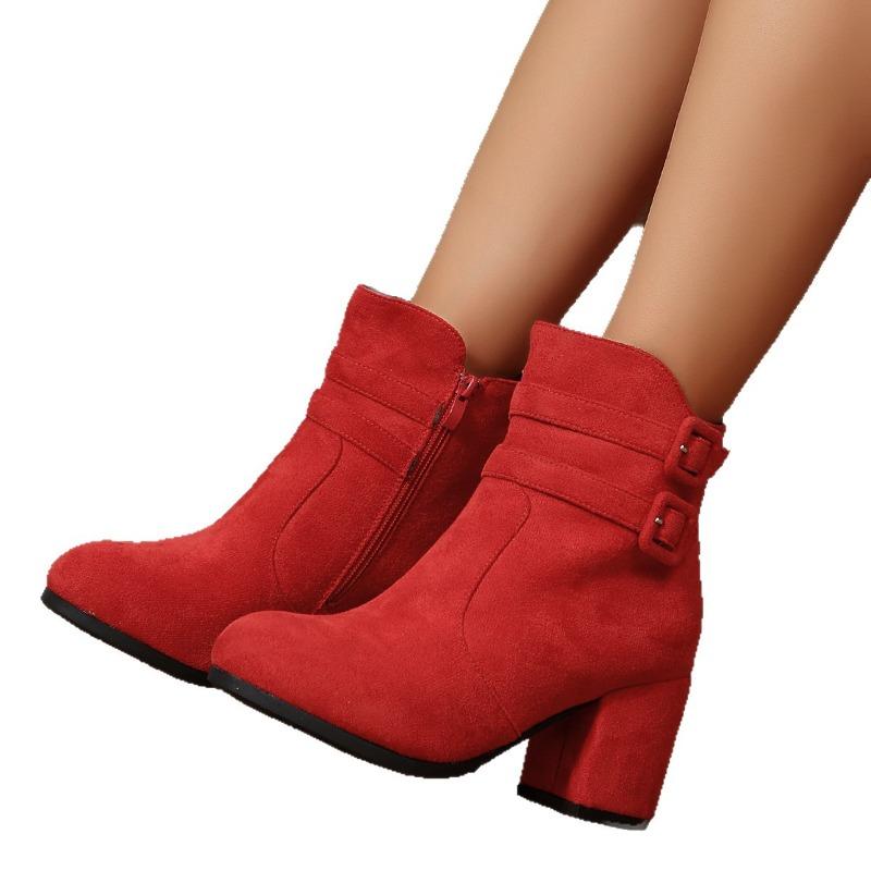 Belt Buckle High-heeled Fashion Boots 2025 Winter New Suede Block-heeled Booties