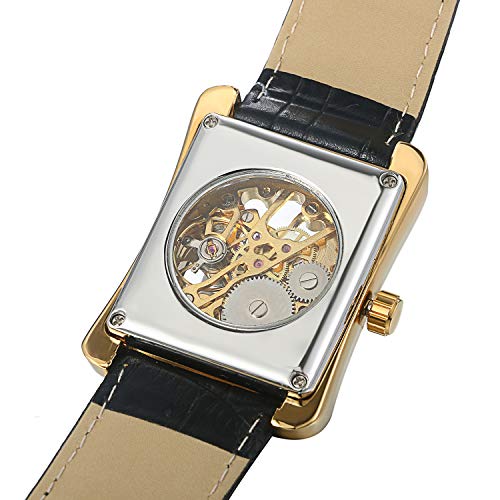 JEWELRYWE Herrenuhr mit Lederarmband, Stilvolles Wasserdichtes Automatikwerk, Skelett-Design, Antiker Stil, Quadratische Form, Gold