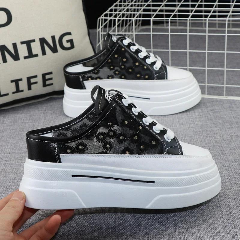 Fashion Baotou Semi-slippers Women's Summer New Outer Wear Embroidery Mesh Breathable Slip-on  Increase 8cm Sandals Sneakers