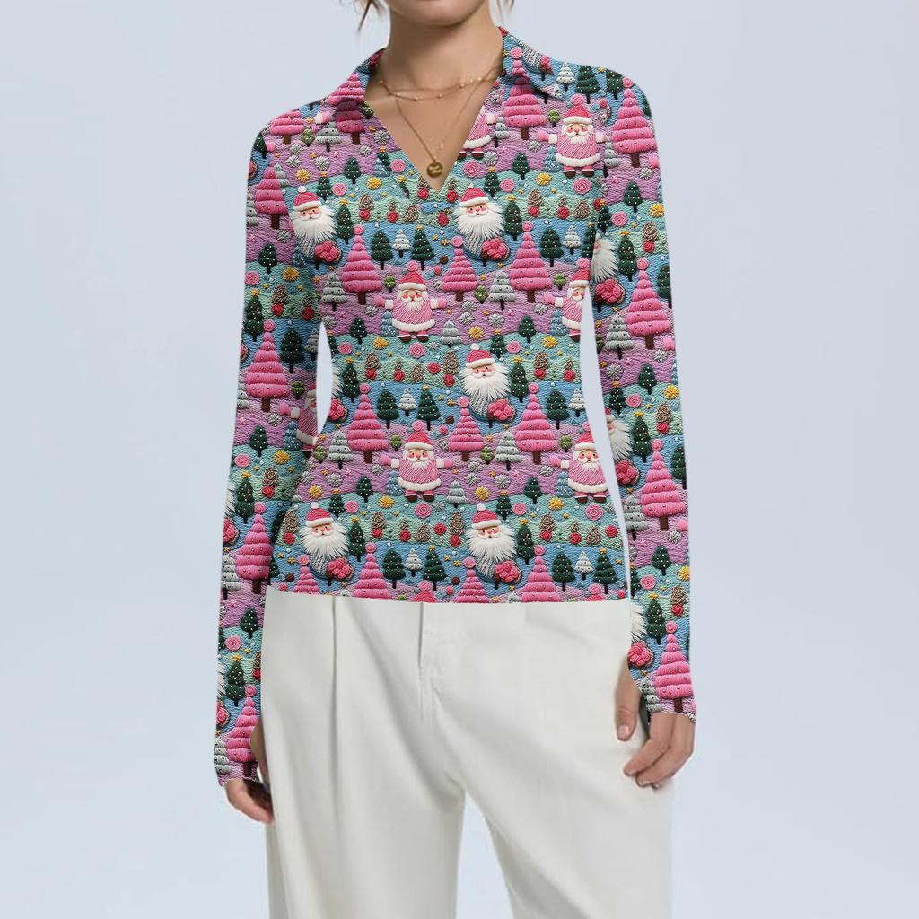 Damenmode Lässig Weihnachts-Print V-Ausschnitt Langarm Knopfleiste Oberteil