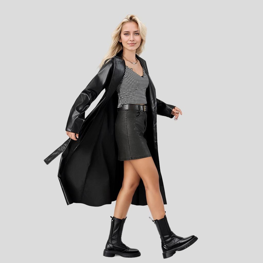 Women'S Extended Bathrobe Style Leather Trench Coat, Spring Autumn Wrinkle-Resistant Fashion Long Faux Leather Outerwear