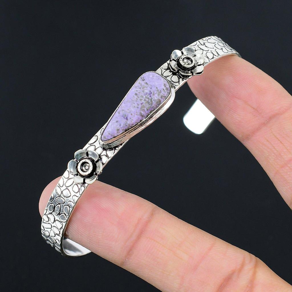 Pear Natural Purpurite Wedding Flower Unique Boho Bangle Jewelry Sterling Silver