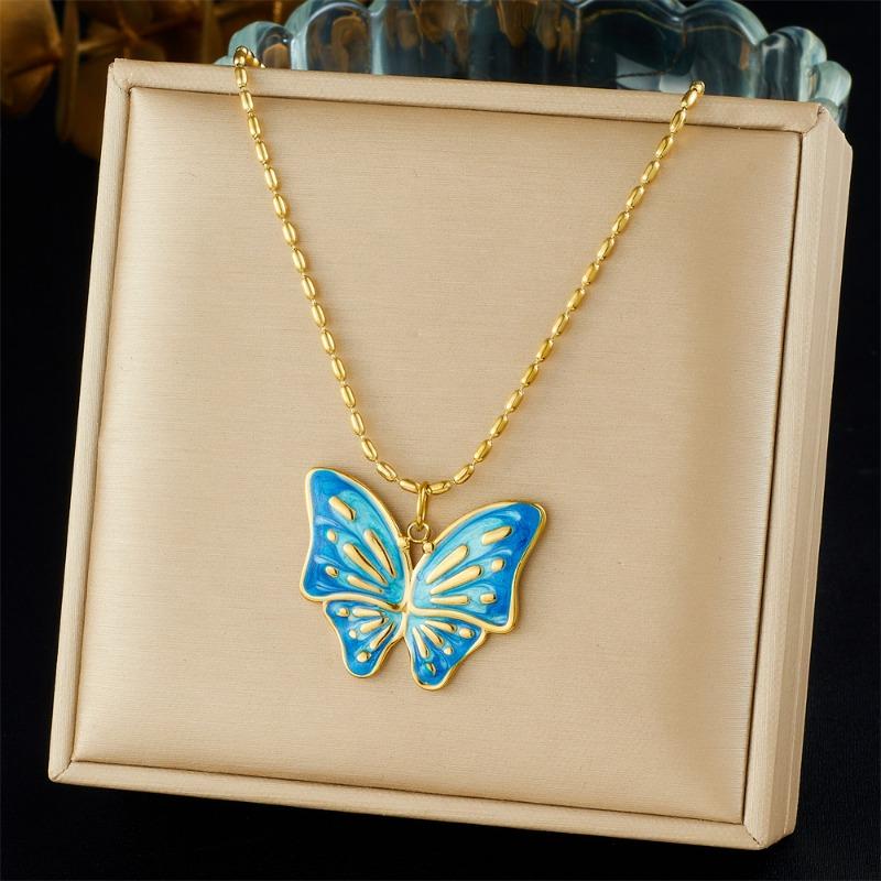 Enamel Butterfly Pendant Necklace For Women Gold Plated Stainless Steel Ball Chain Fashion Jewelry синий